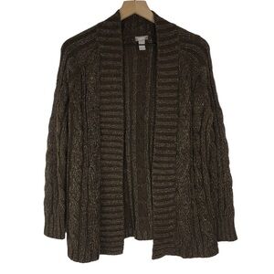 CHICOS Cardigan Sweater Metallic Open Front Cable Knit Rabbit Hair Size 1 Medium